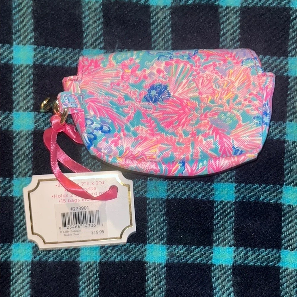 Lilly Pulitzer Waste Bag Holder  with Yellow Pom Pom and White Leather Keychain